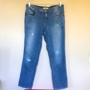 Christopher Blue Mid-Rise Boyfriend Patch Jeans with Whiskers